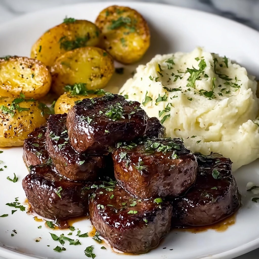 Garlic Butter Steak Bites with Cheesy Smashed Potatoes Recipe - Recipe Image