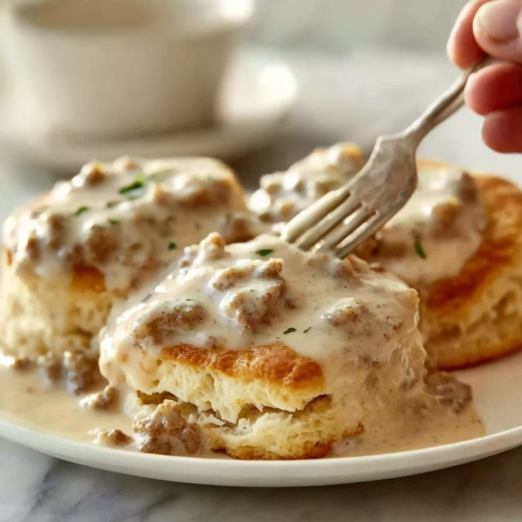 Fluffy Southern Biscuits Smothered in Creamy Sausage Gravy Recipe 6 Fluffy Southern Biscuits Smothered in Creamy Sausage Gravy Recipe - Recipe Image