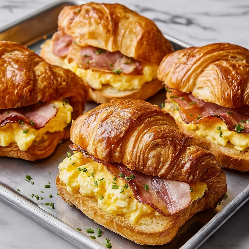 Croissant Breakfast Sandwiches with Dijon Honey Spread, Ham, Bacon, and Scrambled Eggs Recipe - Recipe Image