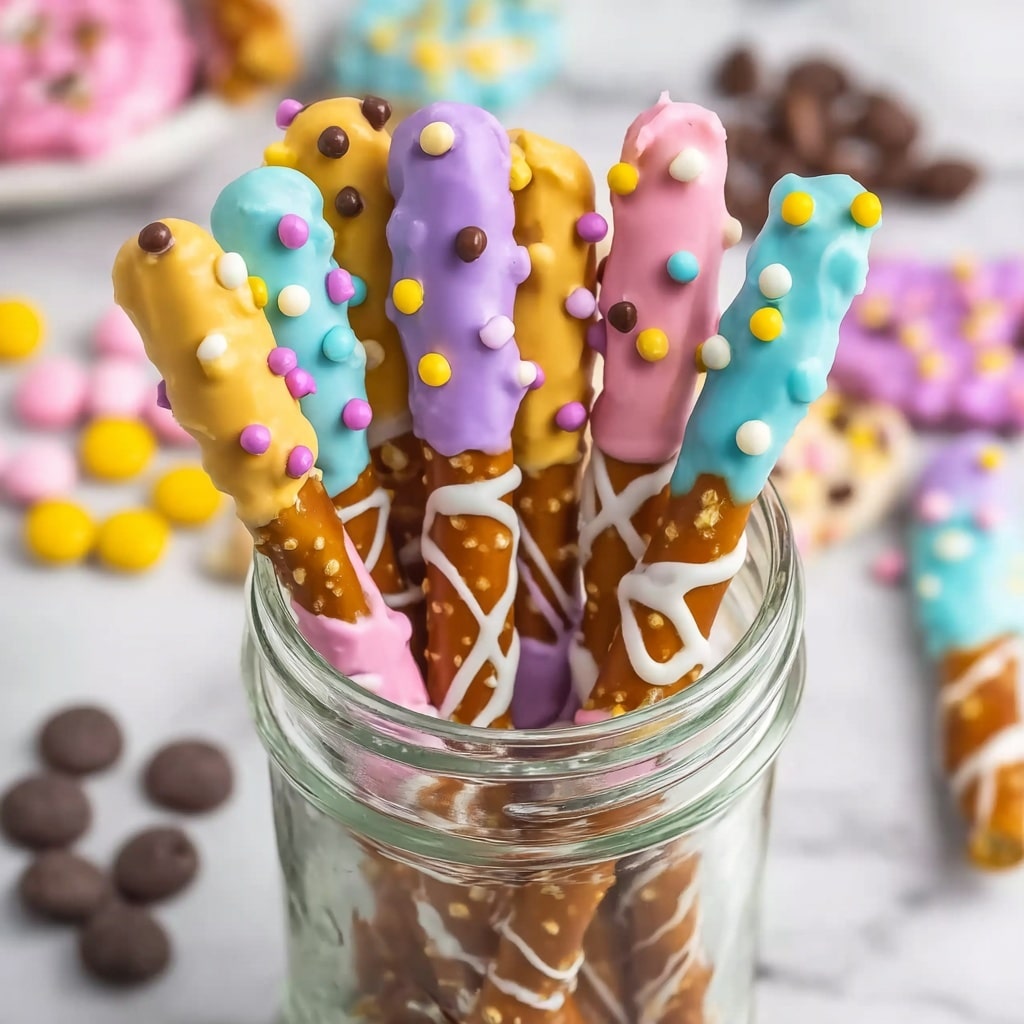 Easter Pretzel Rods with White Chocolate, M&Ms, and Candy Melts Recipe - Recipe Image