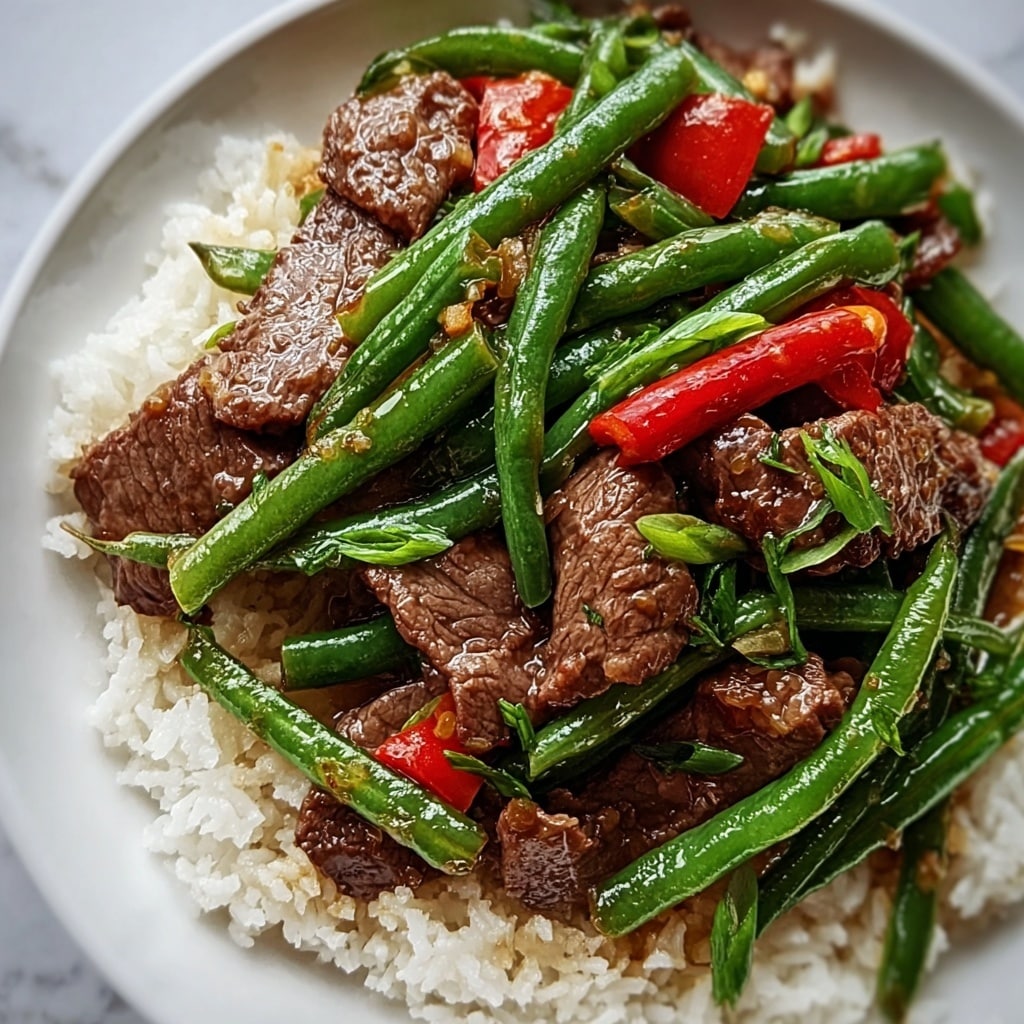 Spicy Garlic Beef Stir-Fry with Green Beans and Rice Recipe - Recipe Image