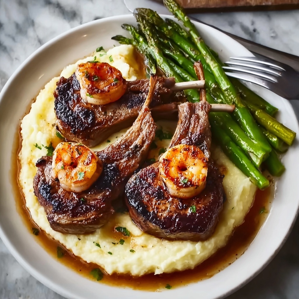 Succulent Lamb Chops with Lobster Mashed Potatoes and Roasted Asparagus Recipe - Recipe Image