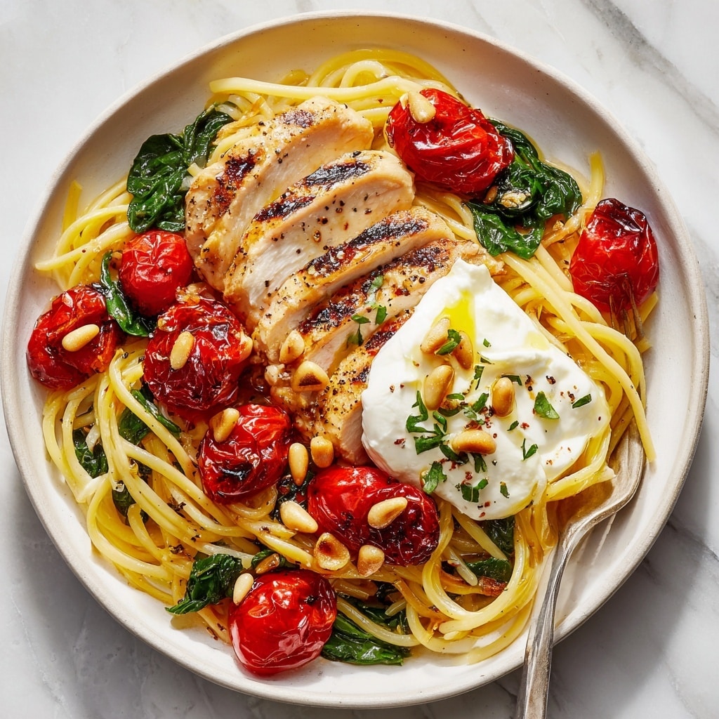 Chicken Spaghetti with Burrata and Lemon Butter Garlic Sauce Recipe - Recipe Image