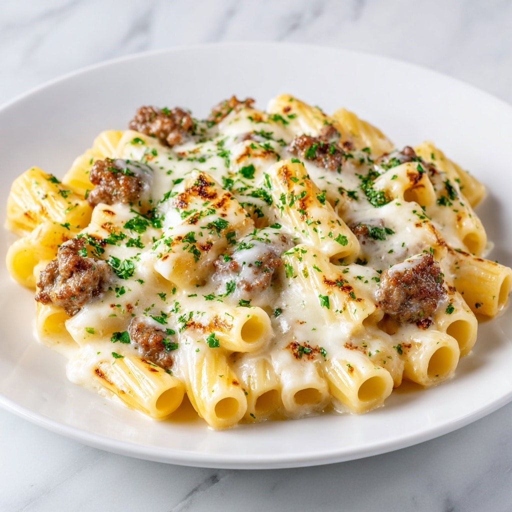 Creamy Garlic Sausage Alfredo Rigatoni Recipe - Recipe Image