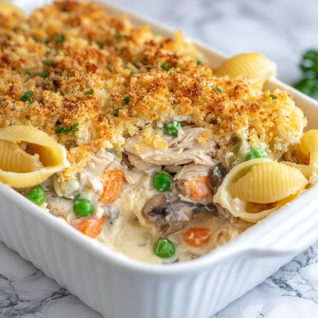 Creamy Chicken Noodle Casserole with Mushrooms, Cheddar, and Ritz Crackers Recipe - Recipe Image