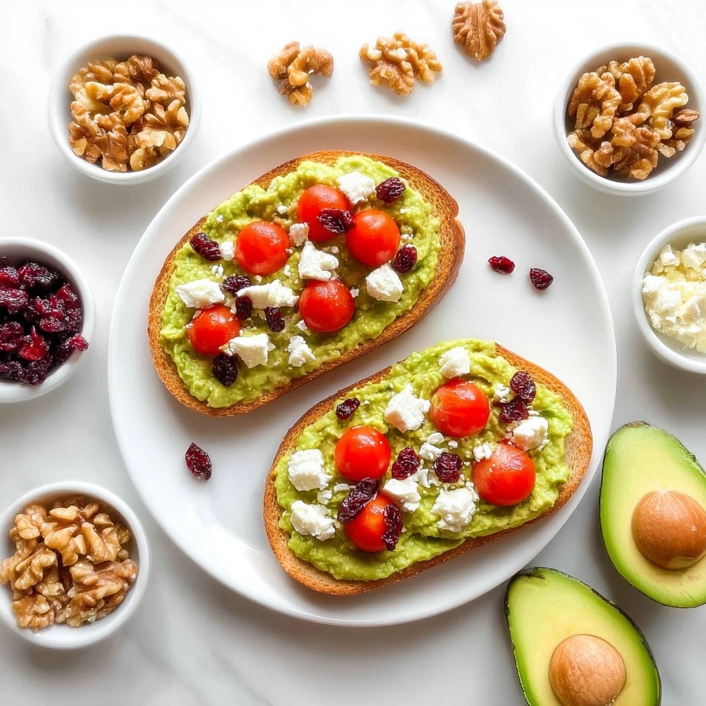 Avocado Toast with Feta, Cherry Tomatoes, Cranberries, and Walnuts Recipe - Recipe Image