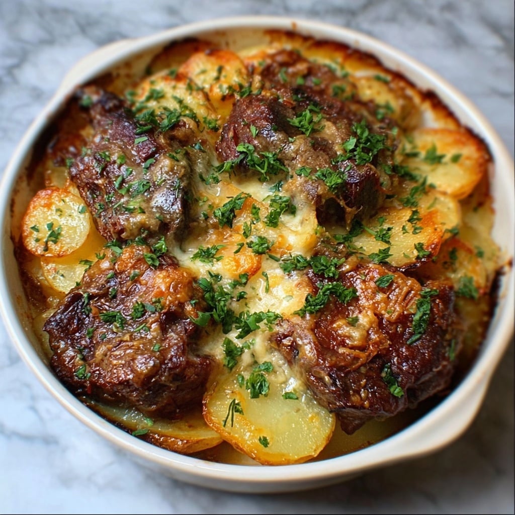 Garlic Parmesan Beef Chops with Cheesy Scalloped Potatoes Recipe - Recipe Image