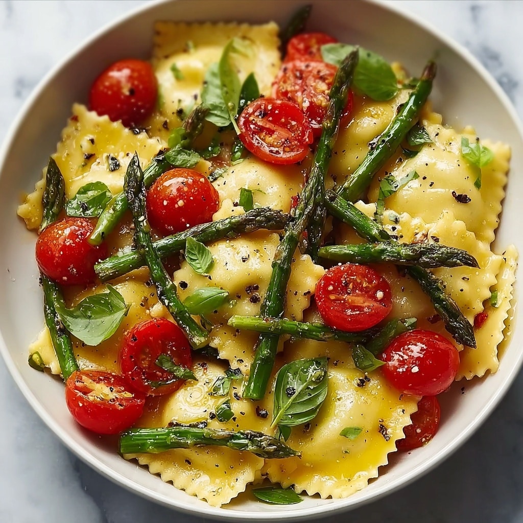 Ravioli with Cherry Tomatoes, Asparagus, and Fresh Herbs Recipe - Recipe Image