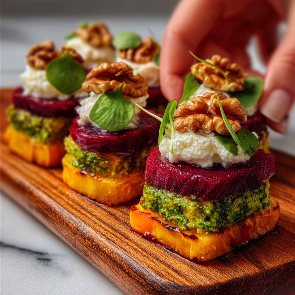 Sweet Potato Beet Stacks with Pesto, Burrata & Walnuts Recipe 5 Sweet Potato Beet Stacks with Pesto, Burrata & Walnuts Recipe - Recipe Image
