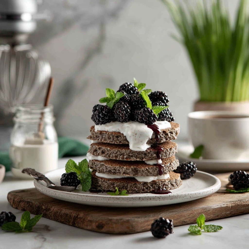 Charcoal Pancakes with Blackberry Syrup Recipe - Recipe Image