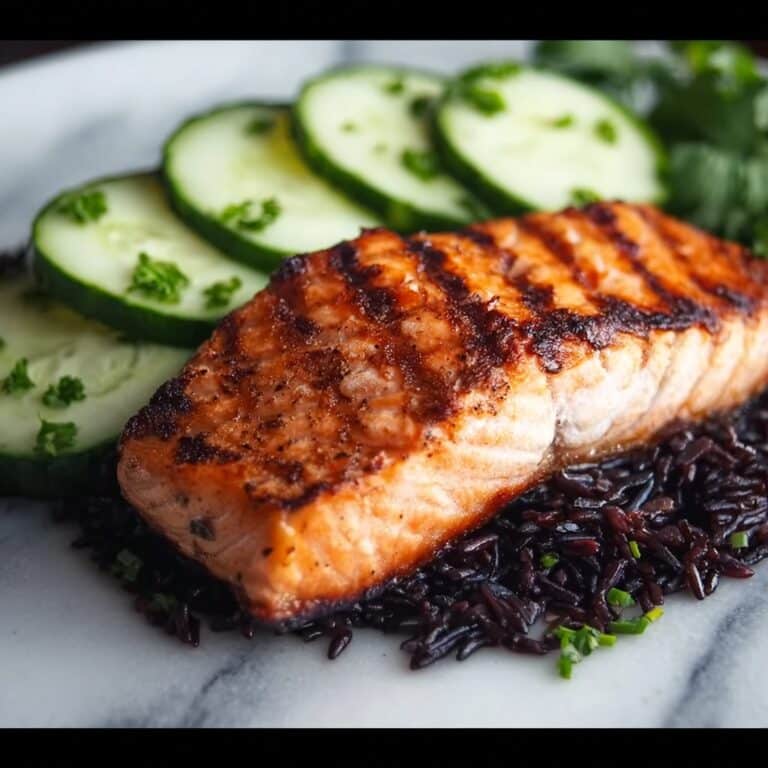 Grilled Salmon with Black Rice and Creamy Cucumber Salad Recipe