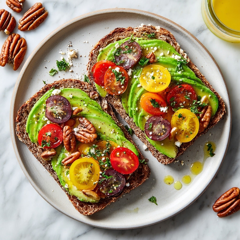 Avocado Toast with Feta, Cherry Tomatoes, Cranberries, and Walnuts Recipe - Recipe Image