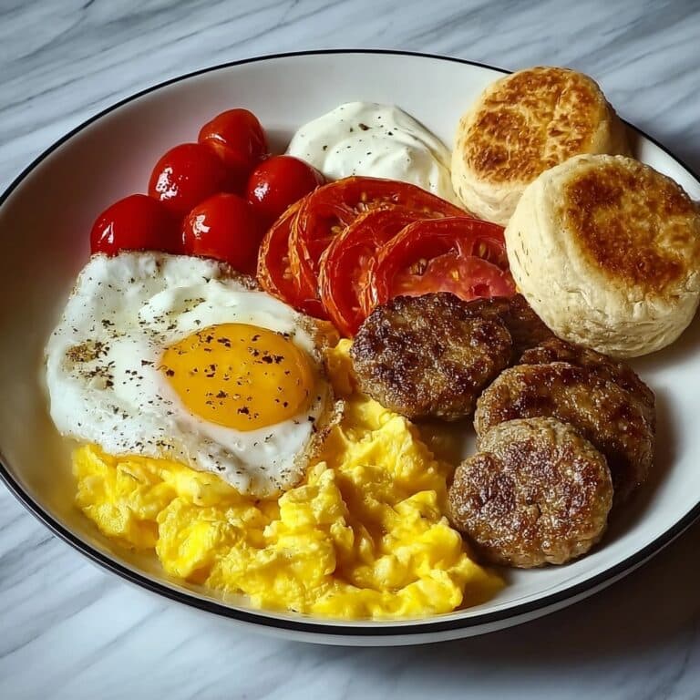 Breakfast Feast with Scrambled Eggs, Sausage Patties, Biscuits, and Tomatoes Recipe