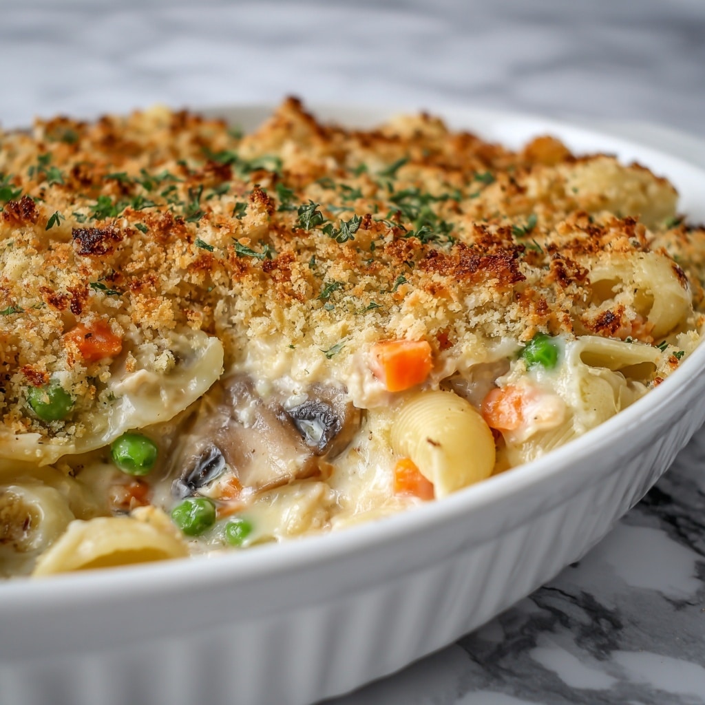 Creamy Chicken Noodle Casserole with Mushrooms, Cheddar, and Ritz Crackers Recipe - Recipe Image