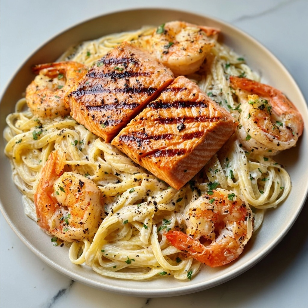 Grilled Salmon Shrimp Fettuccine Alfredo Recipe - Recipe Image