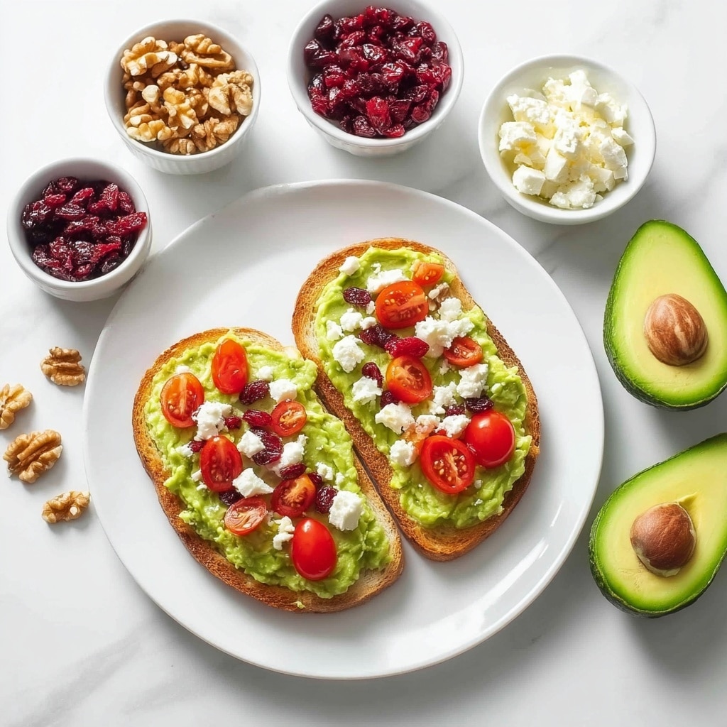 Avocado Toast with Feta, Cherry Tomatoes, Cranberries, and Walnuts Recipe - Recipe Image