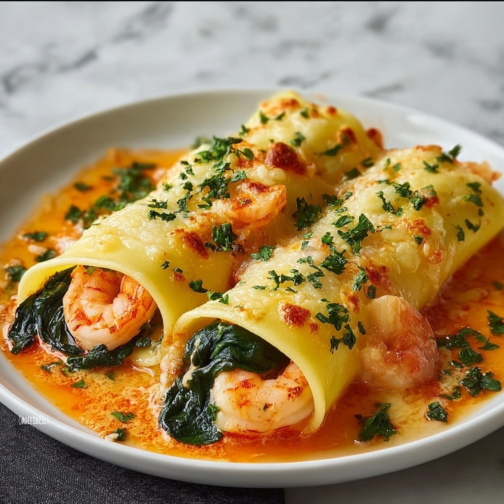 Shrimp & Spinach Stuffed Pasta Rolls with Roasted Red Pepper Cream Sauce Recipe