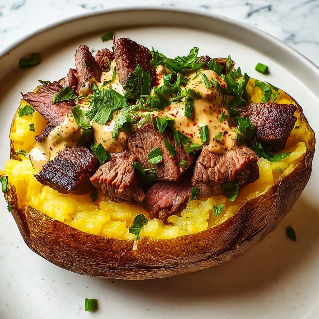 Loaded Baked Potato with Steak Bites and Parmesan Cream Sauce Recipe
