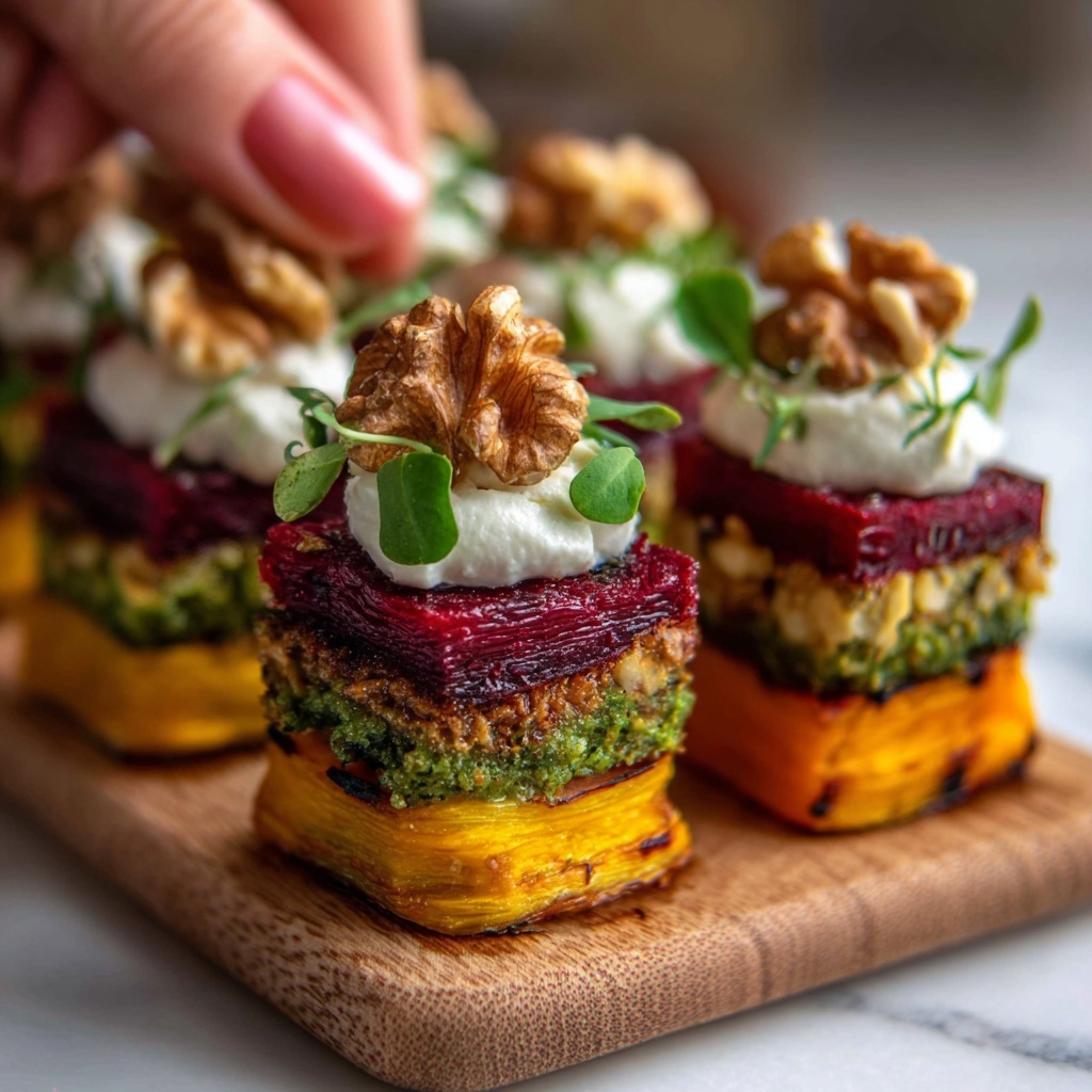Sweet Potato Beet Stacks with Pesto, Burrata & Walnuts Recipe 6 Sweet Potato Beet Stacks with Pesto, Burrata & Walnuts Recipe - Recipe Image