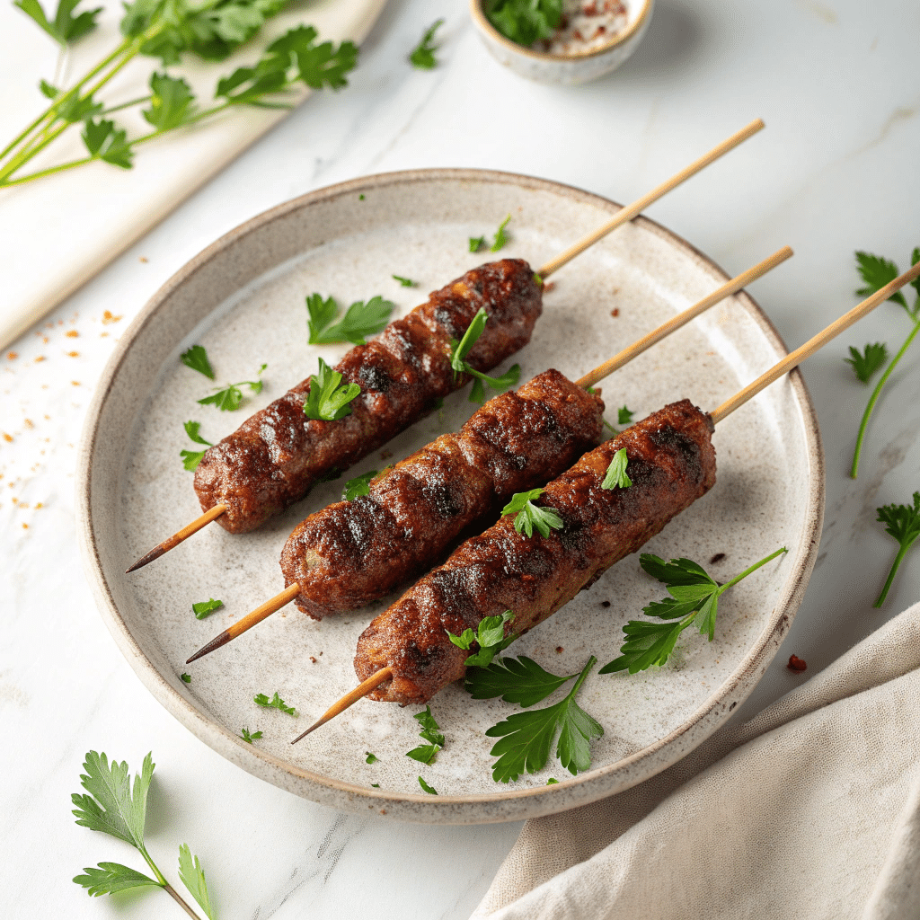 Spiced Kofta Kebabs with Tzatziki, Hummus, and Greek Salad Recipe - Recipe Image
