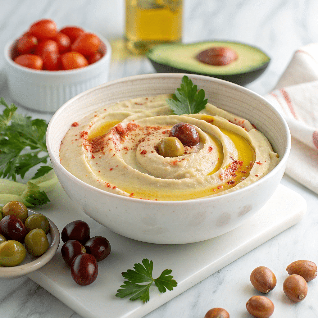 Loaded Hummus Dip with Veggies, Olives, Feta, and Fresh Herbs Recipe - Recipe Image