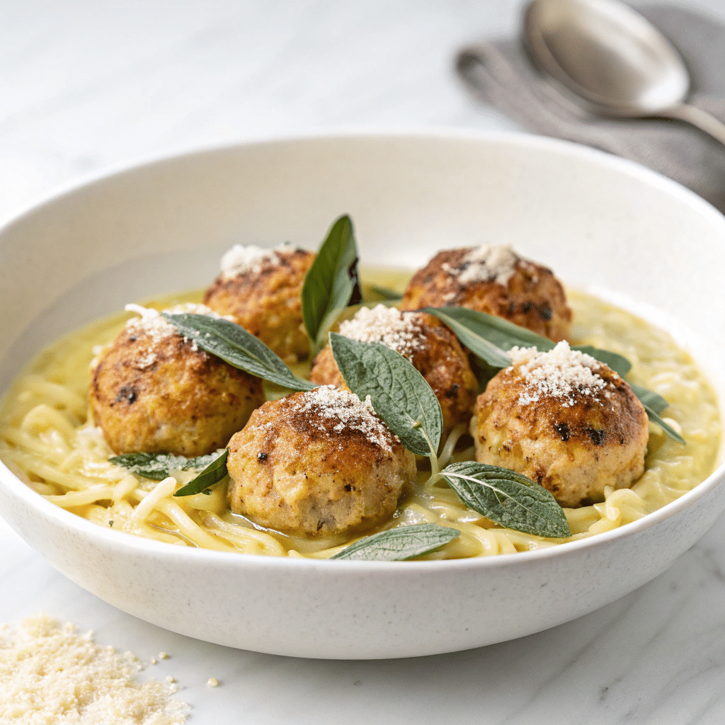 Baked Sage Chicken Meatballs with Parmesan Orzo Recipe