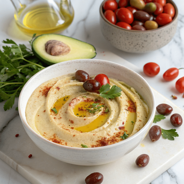 Loaded Hummus Dip with Veggies, Olives, Feta, and Fresh Herbs Recipe