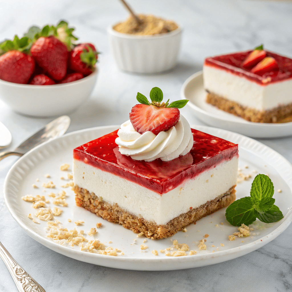 Jello Pretzel Salad with Fresh Strawberries and Cream Cheese Layer Recipe - Recipe Image