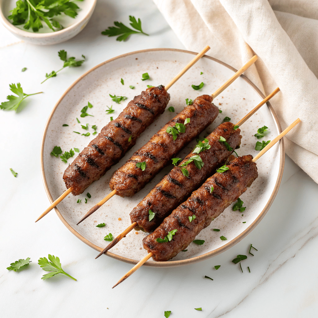 Spiced Kofta Kebabs with Tzatziki, Hummus, and Greek Salad Recipe - Recipe Image