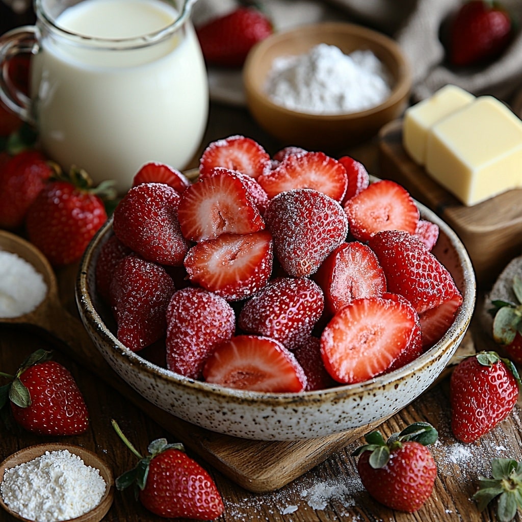 Classic Fluffy Strawberry Shortcake Recipe 4 Fresh sliced strawberries in vibrant red hues with juicy texture in a small white bowl, a separate clear glass bowl filled with granulated sugar sparkling under soft light, a rustic ceramic bowl holding fluffy all-purpose flour with a dusting texture, nearby a wooden board displaying cold unsalted butter cut into small cubes with a creamy pale yellow color, a small glass pitcher of whole milk with a smooth, milky surface catching light reflections, a cracked large egg revealing rich golden yolk in a delicate shell half, a small glass bowl with vanilla extract showing deep amber liquid, a mixing bowl of fluffy white powdered sugar, and a chilled bowl of thick, whipped cream with soft peaks. Scattered baking powder and salt in small vintage measuring spoons, a whisk and a bowl with biscuit dough partially mixed showing crumbly texture. All ingredients artfully arranged on a clean, light wood surface with natural daylight, subtle shadows adding depth, complementary neutral-toned linen napkins and minimalistic props for warmth and contrast, soft focus background bringing attention to details, vibrant and fresh colors, overhead shot, top down view, flat lay photography, professional food styling --ar 1:1 --q 2 --s 750 --v 6.1
