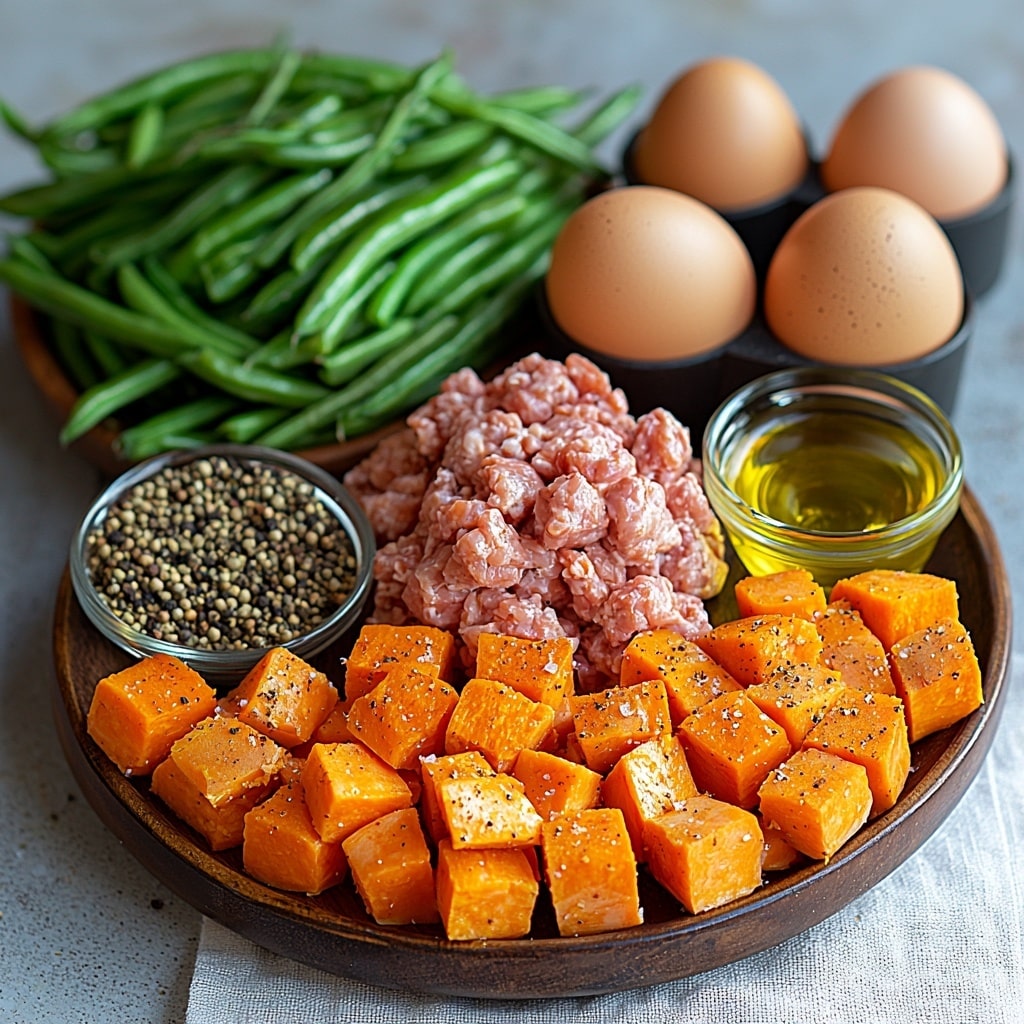 Juicy Ground Turkey with Green Beans and Sweet Potato Recipe 4 A clean white surface with raw ingredients artfully arranged in separate small bowls and scattered around: bright orange diced sweet potato cubes, vibrant green trimmed and cut green beans, a small mound of pale pink ground turkey, two whole brown eggs, a small glass bowl of golden olive oil, and tiny dishes holding coarse salt, black pepper, paprika, and garlic powder. Natural soft lighting highlights the fresh colors and contrasting textures—the smooth eggs, the rough sweet potato edges, the fibrous green beans, and the finely ground spices. Minimal shadows, tasteful spacing with a slight rustic touch via a linen napkin edge peeking in from one corner. Overhead shot, top down view, flat lay photography, professional food styling --ar 1:1 --q 2 --s 750 --v 6.1