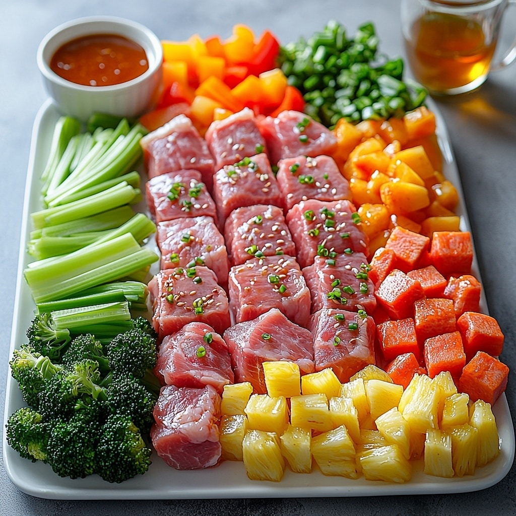 Sweet and Spicy Pork Stir Fry with Pineapple and Vegetables Recipe 4 /Imagine a beautifully styled flat lay of fresh pork stir fry ingredients arranged neatly on a clean white surface. Centered are tender raw boneless pork chops, light pink with a slight marbling of fat. Surrounding them, vibrant and colorful vegetables: bright green broccoli florets with textured florets, crisp pale green celery ribs sliced, glossy red diced bell peppers, thin orange julienned carrots, and a whole yellow onion sliced in half showing its layered interior. Nearby, a small bowl of golden honey glistens, next to a small glass of pale amber chicken broth and a clear bowl of soy sauce with its deep brown sheen. A lime wedge with bright green skin and pale juicy interior adds freshness. Minced garlic cloves are piled in a small heap, showcasing their creamy white color and slightly rough texture. A small dish holds smooth reddish-orange sriracha sauce, alongside a tiny bowl of golden toasted sesame seeds. Also included are a neatly drained bowl of bright golden pineapple chunks, a jar of glossy peanut butter with a creamy texture, and a few fresh green onions with crisp green stalks and white bulbs. Near these, small piles of fine white cornstarch powder and cracked black pepper add subtle texture contrasts. A slender bottle of sesame oil and a glass of dry white wine complete the arrangement, adding elegance. The scene is bright and airy with natural light highlighting the fresh colors and textures, shadows soft and gentle for a crisp, professional look. Overhead shot, top down view, flat lay photography, professional food styling --ar 1:1 --q 2 --s 750 --v 6.1