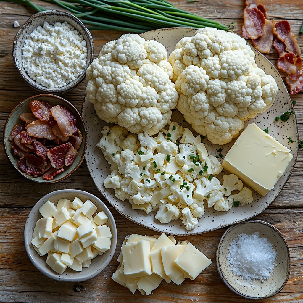 Baked Cauliflower with Cheese Casserole Recipe 4 A clean, light wooden surface with all main ingredients for baked cauliflower cheese casserole carefully arranged in an artful flat lay. Two small cauliflower heads, one whole and one cut into florets showcasing their creamy white, textured curds next to a small slab of pale yellow butter melting slightly on a rustic dish. Three cloves of garlic, some whole and some finely minced, revealing their smooth white skin and translucent interior. A small glass bowl filled with thick, glossy white heavy cream paired with a soft block of cream cheese with a creamy, slightly crumbly texture on a white ceramic plate. Two small piles of shredded Gruyere cheese and shredded cheddar cheese, showcasing their rich yellow and orange hues with soft, curly strands. Six slices of cooked bacon, crumbled, with crispy edges and deep reddish-brown color scattered artfully nearby. A small ramekin of finely chopped fresh green chives providing a bright color contrast. Lastly, small bowls of salt and pepper grains add subtle texture. Natural soft lighting casts gentle shadows to emphasize textures, with minimal props to keep focus on the ingredients. The composition is neat, balanced, and inviting, capturing the essence of fresh, rich, and hearty components ready for cooking. Overhead shot, top down view, flat lay photography, professional food styling --ar 1:1 --q 2 --s 750 --v 6.1