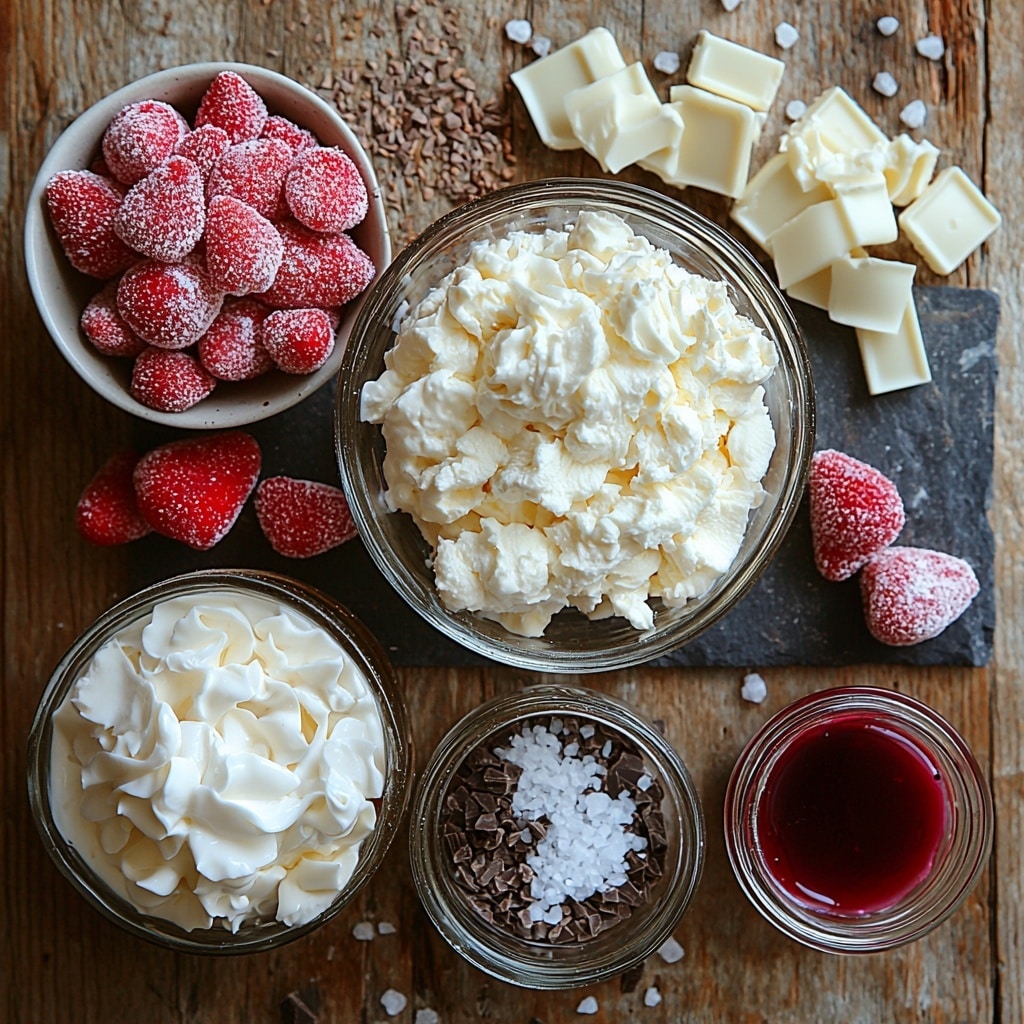 Strawberry White Hot Chocolate Recipe 4 white milk in a clear glass measuring cup, a small bowl with chopped white chocolate chunks and chips, a small glass jar of vibrant red strawberry syrup or puree, a tiny dish containing vanilla extract, a small mound of smooth white whipped cream in a white ceramic bowl, delicate white chocolate curls scattered artfully on a rustic wooden surface, a pinch of coarse salt on a contrasting dark slate tile, a few drops of natural pink-red food coloring in a miniature glass dropper bottle; all ingredients arranged neatly and symmetrically on a clean light wood table with soft natural lighting to enhance the creamy textures and rich colors, subtle shadows for depth, minimalistic style with a touch of rustic charm, overhead shot, top down view, flat lay photography, professional food styling --ar 1:1 --q 2 --s 750 --v 6.1