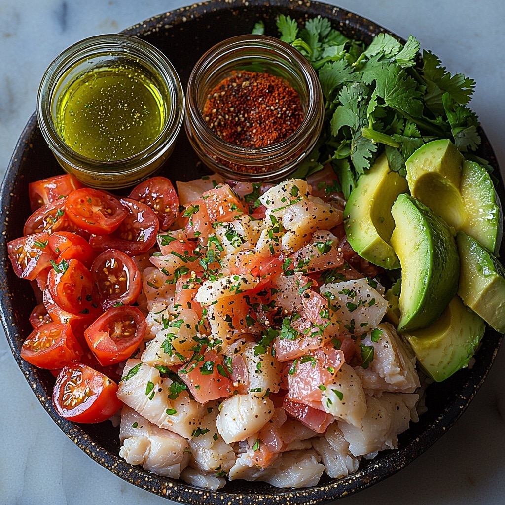 Honey Lime Chicken & Avocado Rice Stack – Irresistible 25-Minute Dinner Recipe 4 2 boneless skinless chicken breasts raw, small bowl of golden olive oil, fresh whole limes cut in halves with zest and juice, small glass jar of amber honey, two garlic cloves peeled and minced, heap of warm ground cumin powder, coarse salt and cracked black peppercorns scattered, fluffy cooked white jasmine rice in a neat mound, two ripe avocados diced into vibrant green cubes, small bowl of finely chopped bright green fresh cilantro, half cup of vivid red cherry tomatoes finely chopped, ingredients artfully arranged on a clean white marble surface, contrasting colors and textures emphasized, natural soft daylight illuminating all components, subtle shadows for depth, fresh and inviting atmosphere, minimalistic styling with attention to detail overhead shot, top down view, flat lay photography, professional food styling --ar 1:1 --q 2 --s 750 --v 6.1