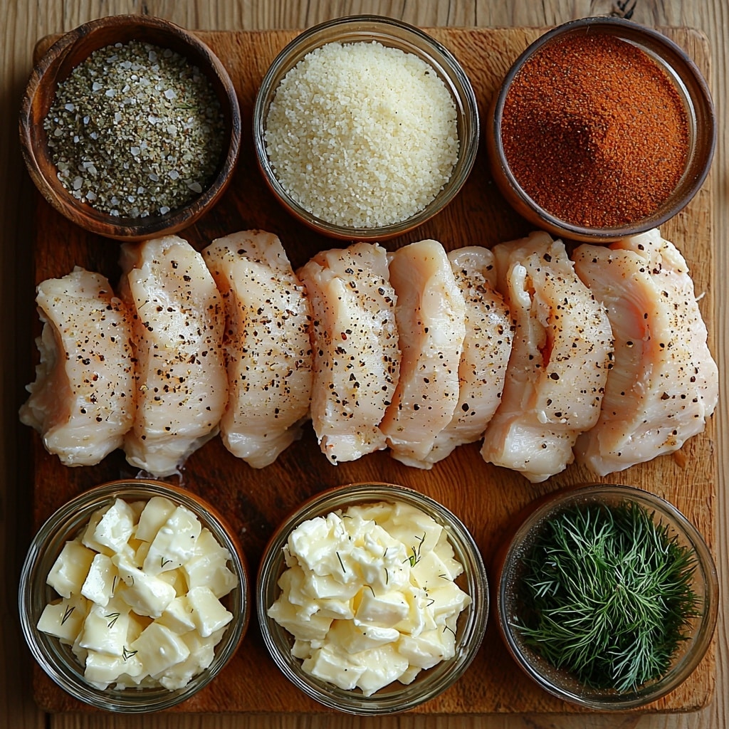 Dill Pickle Chicken Bake Recipe 4 boneless skinless chicken breasts sliced in half horizontally raw, small bowls with kosher salt, black pepper, garlic powder, onion powder, and paprika arranged neatly, half cup of creamy dill pickle ranch dressing in a glass bowl with smooth texture, grated Parmesan cheese in two piles showing fine, crumbly texture, plain breadcrumbs in a small bowl with coarse texture, fresh vibrant chopped dill scattered artistically on the side, clean white or light wooden surface background enhancing fresh colors, natural soft lighting emphasizing textures and freshness, small rustic wooden spoons resting beside spice bowls, minimal shadows, bright and airy mood, overhead shot, top down view, flat lay photography, professional food styling --ar 1:1 --q 2 --s 750 --v 6.1