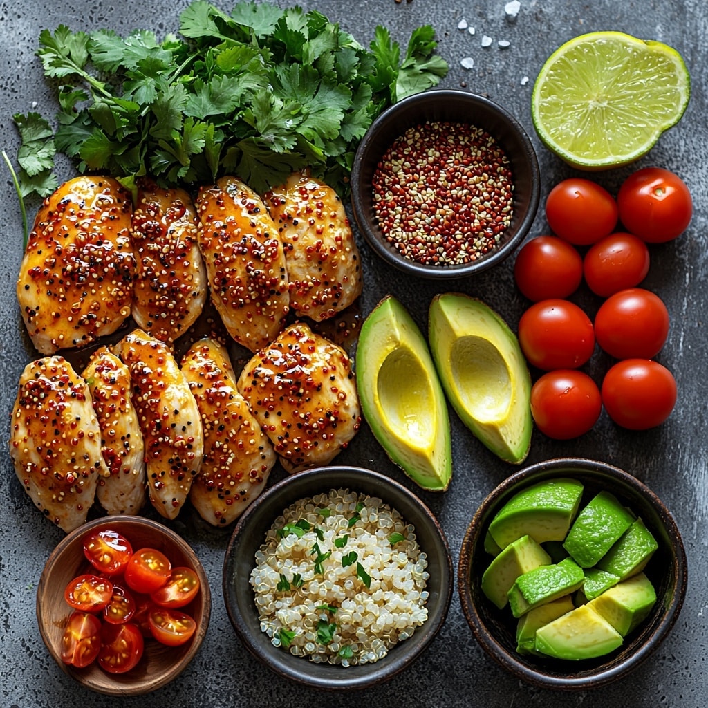 Honey Lime Chicken & Avocado Quinoa Stack – Ultimate 5-Step Fresh Dinner Recipe 4 A clean, bright surface with ingredients neatly arranged for a fresh Honey Lime Chicken & Avocado Quinoa Stack: two raw boneless skinless chicken breasts with a glossy honey-lime marinade coating, small bowls containing golden honey, fresh lime juice, and olive oil, minced garlic cloves displayed next to a heap of ground cumin and scattered salt and black peppercorns; a small pile of uncooked white quinoa grains beside a clear glass of water or chicken broth; two ripe, vibrant green avocados diced with their creamy texture visible next to bright red halved cherry tomatoes; fresh, leafy chopped cilantro arranged in a small bunch; lime wedges sliced with vivid green and pale juicy interiors; all ingredients carefully spaced on a rustic white or light wood surface, natural soft daylight highlighting the glossy and textured contrasts of fresh produce, rustic ceramic bowls and wooden spoons adding warmth; minimal shadows, airy composition, emphasizing freshness, vibrant colors of green, red, golden honey and earthy tones of quinoa and chicken marinade, clean and inviting — overhead shot, top down view, flat lay photography, professional food styling --ar 1:1 --q 2 --s 750 --v 6.1