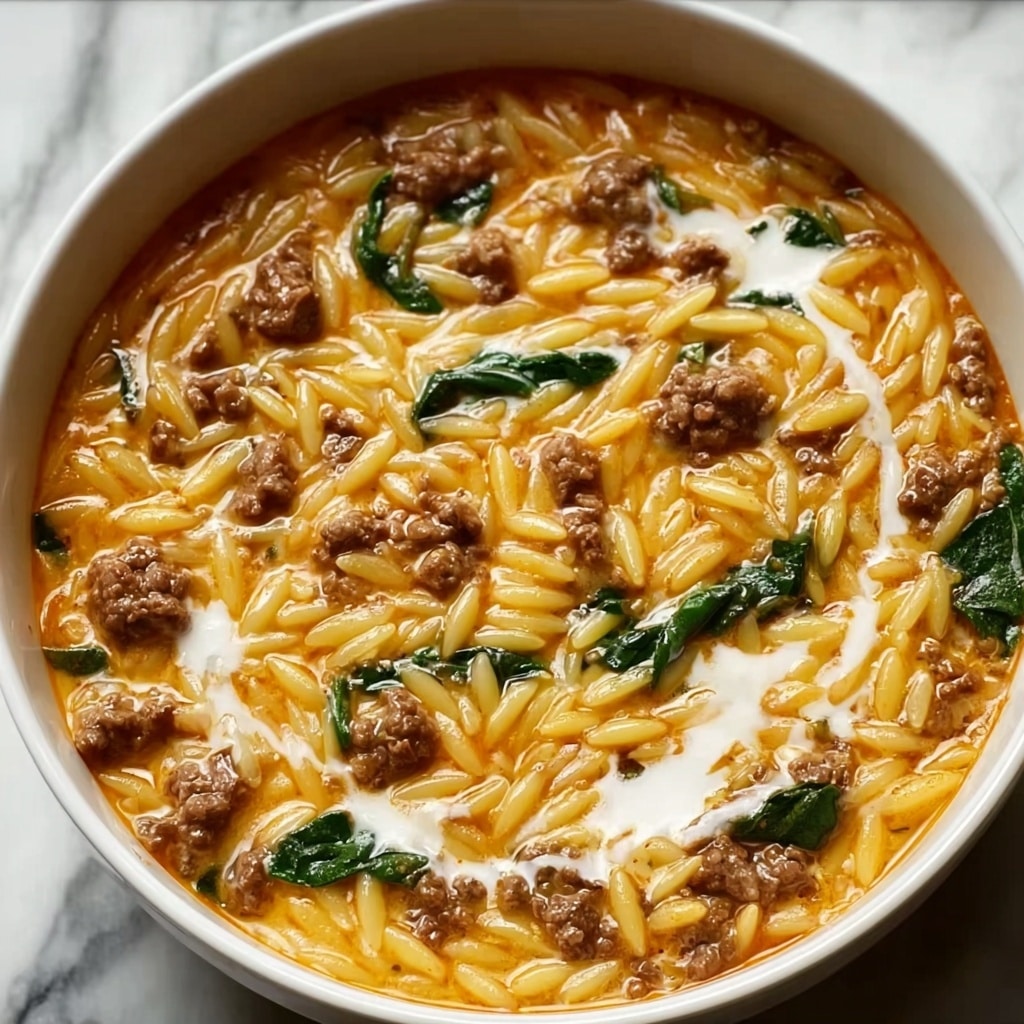 Ground Beef Orzo with Tomato Cream Sauce Recipe