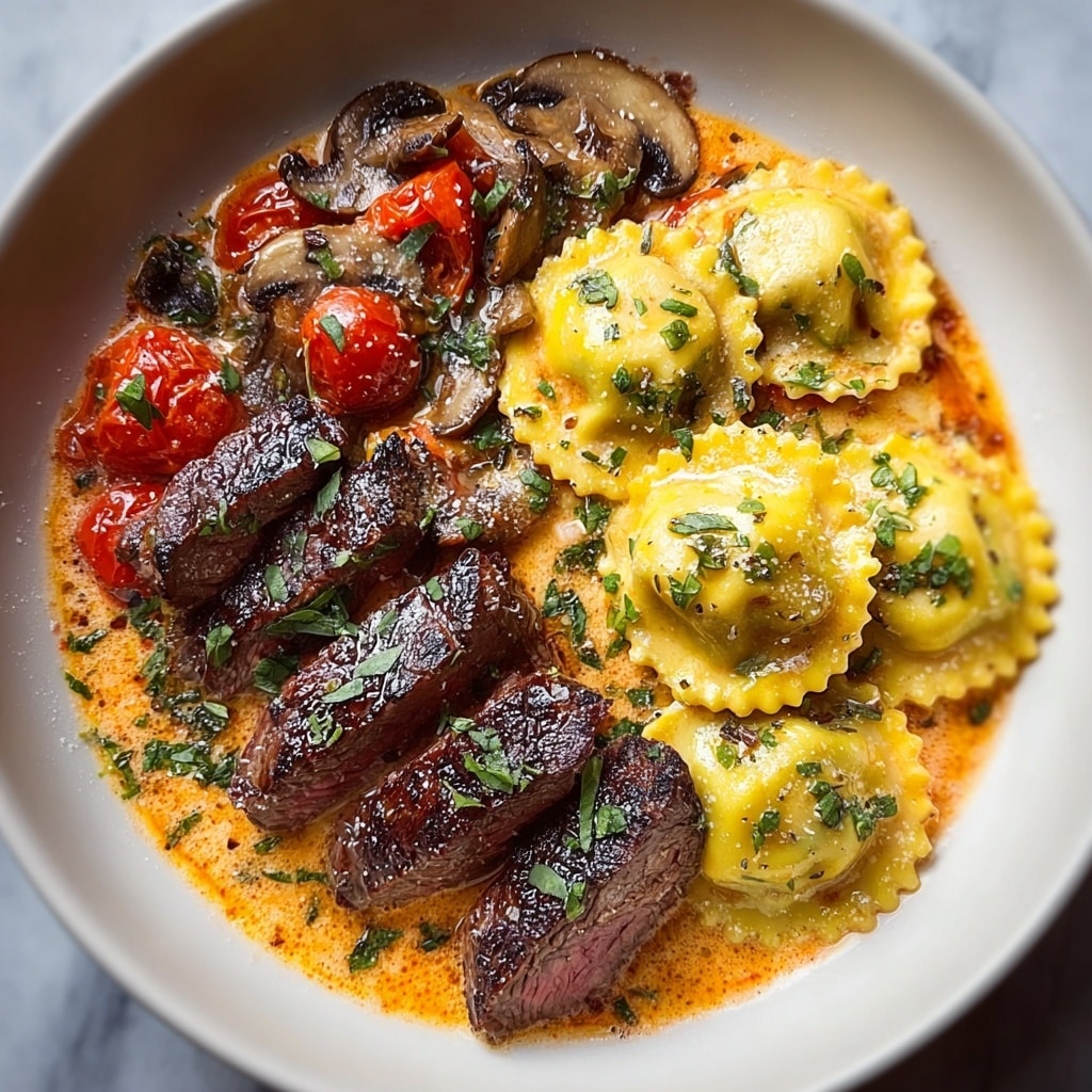 Creamy Tomato Mushroom Ravioli with Seared Steak Recipe