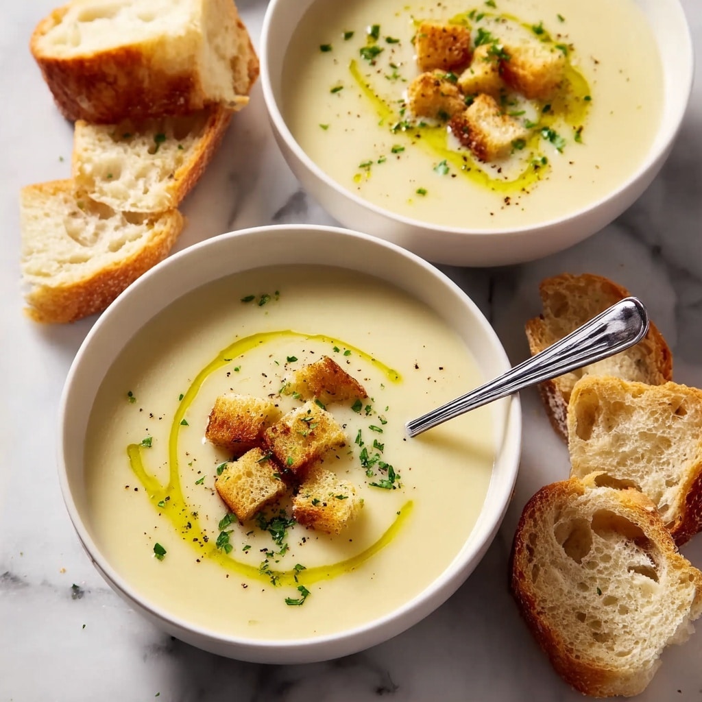 Creamy Celeriac Soup with Garlic, Leek, and Chive Garnish Recipe