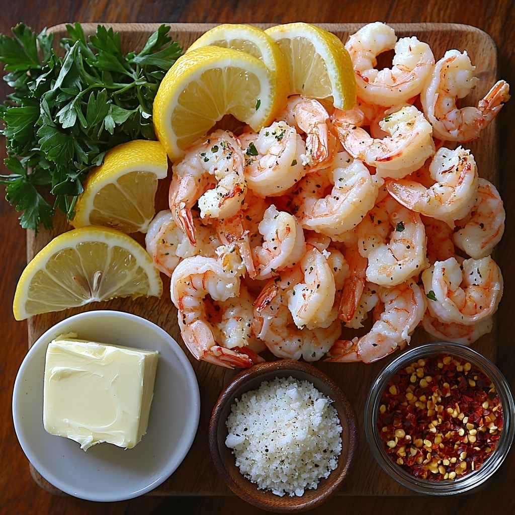 Shrimp with Creamy Garlic Sauce Recipe 4 Shrimp peeled and deveined with a natural pinkish-orange hue, arranged in a neat cluster; small pat of unsalted butter, creamy pale yellow and slightly softened, placed beside the shrimp; fresh garlic cloves minced finely, bright white with subtle texture, scattered artfully on a white ceramic spoon; a small glass bowl of heavy cream, smooth and glossy, reflecting soft light; a rustic bowl filled with grated Parmesan cheese, snowy white with a crumbly texture; fresh parsley leaves chopped finely, vibrant green sprinkle next to the cheese; tiny pile of coarse sea salt and ground black peppercorns, contrasting textures and colors; optional small dish with red pepper flakes, deep red and slightly glossy; fresh lemon wedges with bright yellow rind and juicy interior arranged in a fan shape; all ingredients placed deliberately on a clean, light wooden surface with warm natural lighting, subtle shadows adding depth, minimalistic yet inviting styling, overhead shot, top down view, flat lay photography, professional food styling --ar 1:1 --q 2 --s 750 --v 6.1