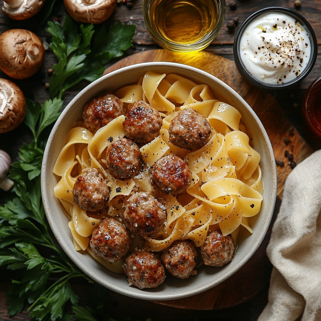 Meatball Stroganoff Recipe 4 Wide egg noodles uncooked in a small white ceramic bowl, golden yellow with smooth texture; a small glass bowl of olive oil, rich golden hue, glossy surface; thawed fully cooked meatballs, browned and slightly glistening, arranged on a rustic wooden plate; sliced cremini mushrooms, earthy brown tones and velvety texture, spread loosely on natural stone slab; a small clear glass cup filled with pale straw-colored dry white wine; a medium bowl of low sodium beef broth, deep reddish-brown liquid with slight sheen; a spoonful of Dijon mustard, vibrant yellow with creamy texture on a white porcelain spoon; small glass container of Worcestershire sauce, dark amber, glossy; scattered dried Italian seasoning herbs, muted green and brown flakes on light linen fabric; paprika powder, fine bright red dust on a white ceramic dish; garlic powder off-white fine granules arranged in a neat pile; pinch of coarse salt crystals and freshly cracked black peppercorns, rough texture on dark slate board; a small bowl of heavy whipping cream, smooth and pure white; another small bowl of full-fat sour cream, creamy and thick white dollop; fresh Italian parsley leaves, vibrant green, loosely clustered on a butcher block cutting board. All ingredients artfully spaced on a clean light wood surface with soft natural lighting, subtle shadows adding depth, minimalistic rustic styling with neutral-toned linen napkin folded beside. Overhead shot, top down view, flat lay photography, professional food styling --ar 1:1 --q 2 --s 750 --v 6.1