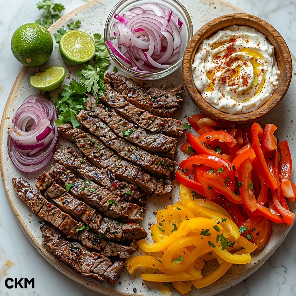 Queso Steak Fajita Skillet Recipe 4 flank steak thinly sliced, vibrant red bell pepper slices, green bell pepper slices, yellow bell pepper slices, thinly sliced small red onion, small bowls with chili powder, cumin, paprika, garlic powder, salt, black pepper, golden olive oil in a small glass container, creamy white queso dip in a rustic bowl, fresh bright green chopped cilantro scattered lightly, juicy lime wedges with bright green skin and pale juicy flesh, all ingredients carefully arranged on a clean white marble surface, colors vivid and contrasting with natural light highlighting textures of tender steak, crisp bell peppers, and smooth queso, slight shadows for depth, minimal props to keep focus on ingredients, overhead shot, top down view, flat lay photography, professional food styling --ar 1:1 --q 2 --s 750 --v 6.1
