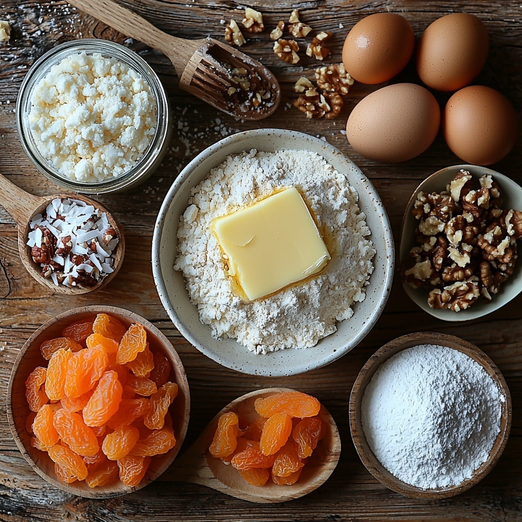 Apricot Bars Recipe 4 Softened butter in a small ceramic bowl, a clear glass jar of golden brown sugar, a rustic wooden scoop with granulated sugar, a small mound of all-purpose flour dusted lightly on a parchment paper sheet, a heap of chopped bright orange dried apricots on a white porcelain plate, two large fresh eggs with smooth shells, a small bowl of chopped walnuts showing rich brown textures, a neat pile of sweetened flaked coconut with delicate white flakes, a sifter partially filled with fine white powdered sugar, and scattered baking powder and salt in tiny white porcelain spoons. All ingredients are carefully arranged on a clean, light wooden surface with soft natural lighting that highlights the warm, earthy tones and varied textures — from the creamy butter to the coarse flour and rough apricots. Shadows are gentle, enhancing the depth and freshness of each component. The scene is styled simply with minimal props to keep focus on the ingredients, evoking a warm, inviting kitchen atmosphere. Overhead shot, top down view, flat lay photography, professional food styling --ar 1:1 --q 2 --s 750 --v 6.1