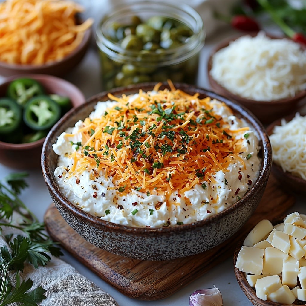 Crockpot Jalapeño Popper Dip Recipe 4 bacon cooked and crumbled in a small rustic bowl, softened cream cheese cubed on a wooden board, a glass bowl of smooth sour cream, piles of shredded cheddar cheese with vibrant orange hue, shredded Monterey Jack cheese in creamy white tones, a small dish of bright green diced pickled jalapeños, a clear jar with visible translucent jalapeño juice, small bowls of garlic powder and onion powder with fine textures, all meticulously arranged on a clean white surface with natural light casting soft shadows, subtle herbs and a linen napkin for warmth and contrast, colorful and textured ingredients showcased with space between each element for clarity, overhead shot, top down view, flat lay photography, professional food styling --ar 1:1 --q 2 --s 750 --v 6.1