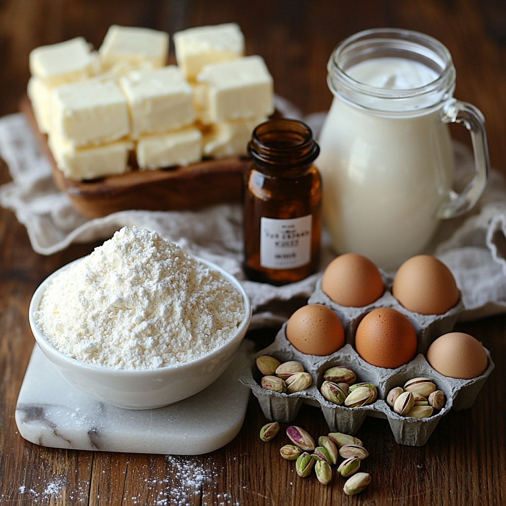 Delicious Pistachio Mascarpone Layer Cake Recipe to Impress Recipe 4 2 cups all-purpose flour in a small white ceramic bowl, 1 teaspoon baking powder and 1/2 teaspoon baking soda in tiny glass ramekins, a pinch of salt sprinkled gently on a rustic wooden spoon, 1 cup unsalted butter cut into cubes on a clean marble slab, 1 1/2 cups granulated sugar in a clear glass jar partially open, 4 large brown eggs arranged neatly in a natural linen egg carton, 1 teaspoon vanilla extract in a small amber bottle with a cork, 1 cup whole milk in a simple clear glass pitcher, 1 cup finely chopped vibrant green pistachios in a shallow white bowl, 1 1/2 cups smooth mascarpone cheese in a soft white ceramic bowl, 1 cup heavy whipping cream in a transparent measuring cup, 1/2 cup powdered sugar lightly dusted on a white plate with a small sifter nearby; all ingredients arranged symmetrically on a clean light oak wooden surface, natural soft daylight highlighting the creamy textures and earthy green pistachios, minimal shadows, subtle rustic kitchen props like a linen cloth and a wooden spoon; overhead shot, top down view, flat lay photography, professional food styling --ar 1:1 --q 2 --s 750 --v 6.1