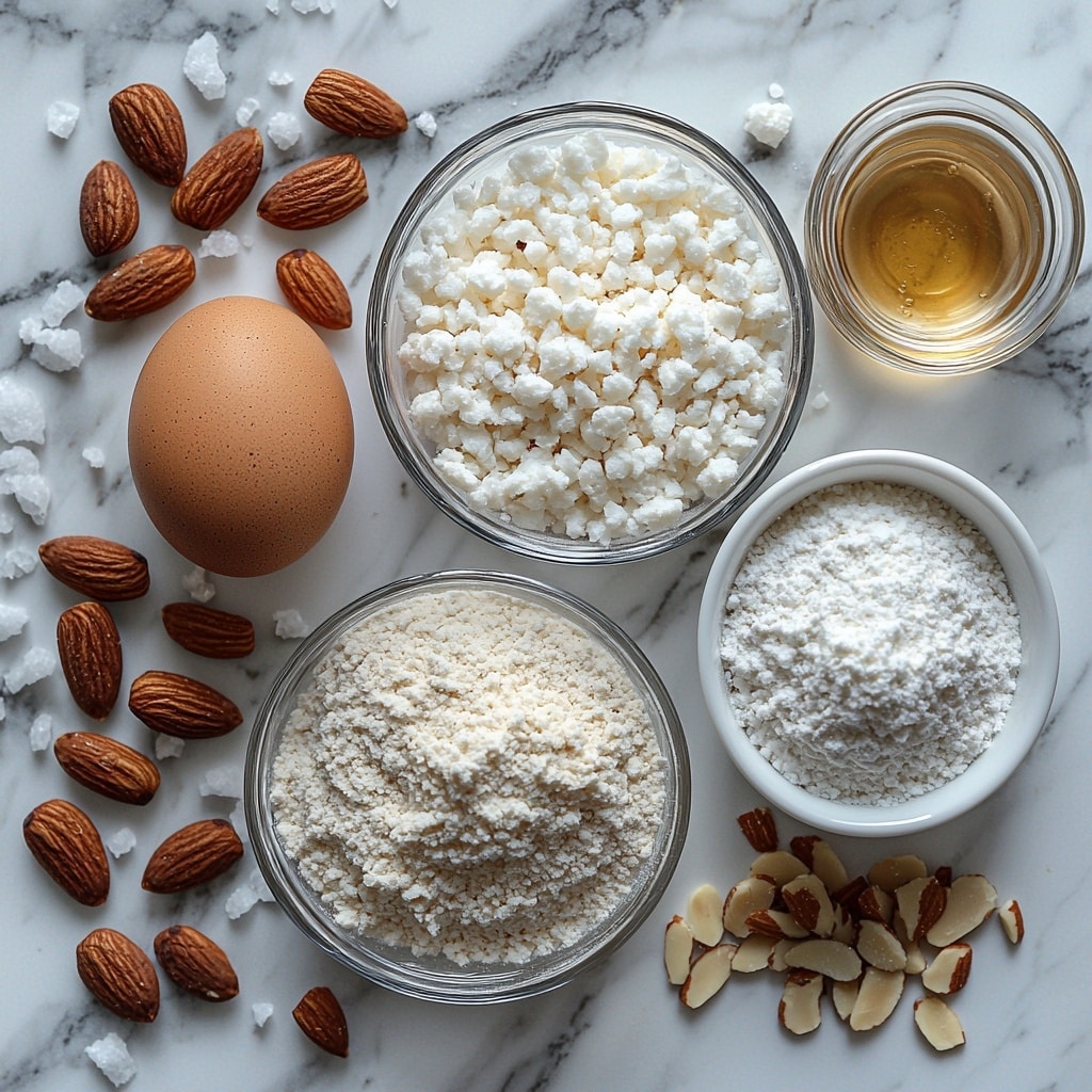 Gluten-Free Almond Cookies: An Amazing Ultimate Recipe for Everyone Recipe 4 A clean white marble surface with neatly arranged ingredients for gluten-free almond cookies in a balanced flat lay composition. Two small glass bowls—one filled with finely ground pale beige almond flour, the other with sparkling white granulated sugar—placed side by side. A small ceramic dish holding fine white baking powder and another with coarse sea salt, their powders gently spilling to create soft texture contrasts. A single large brown egg with smooth shell rests near a small glass ramekin containing golden amber almond extract and a tiny clear dish with pale vanilla extract. A small white bowl with light toasted sliced almonds adds a subtle warm, natural brown accent. Natural soft daylight illuminates the scene, casting gentle shadows, highlighting varied textures and subtle color differences. Minimalist styling with clean lines, ample negative space around ingredients to emphasize simplicity and freshness. Overhead shot, top down view, flat lay photography, professional food styling --ar 1:1 --q 2 --s 750 --v 6.1