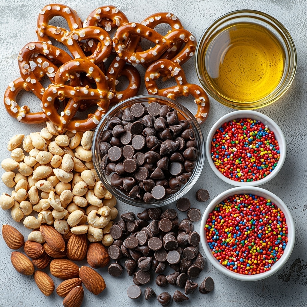 Chocolate Covered Pretzels: The Ultimate Recipe to Try Today Recipe 4 Chocolate covered pretzel ingredients arranged neatly on a clean, bright white surface: a pile of golden-brown pretzel rods and traditional pretzels with their twisted shapes visible, a small clear glass bowl filled with glossy, dark semisweet chocolate chips, a tiny dish with smooth, shiny coconut oil, a rustic white bowl containing coarsely crushed light brown nuts with varied textures, and a small white ramekin spilling vibrant, colorful sprinkles featuring reds, blues, yellows, and greens. The ingredients are spaced evenly with some pretzels slightly overlapping, chocolate chips catching soft natural light to enhance their sheen, nuts showing their rough surface contrast, and sprinkles scattered delicately as if gently spilled. The scene is styled minimalistically with natural shadows, soft diffused lighting, and a touch of casual elegance to highlight textures and colors for a fresh, inviting look. Overhead shot, top down view, flat lay photography, professional food styling --ar 1:1 --q 2 --s 750 --v 6.1