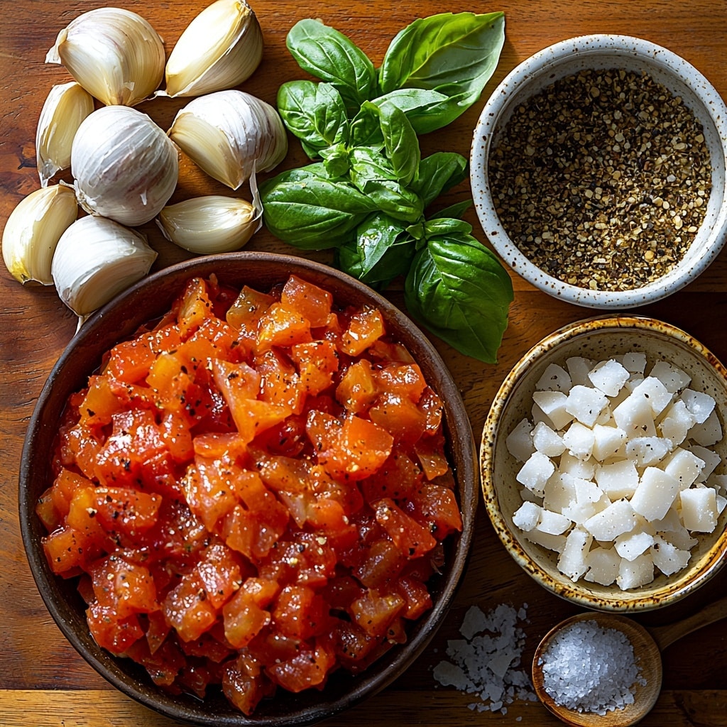 Chicken with Tomato Sauce: An Incredible Ultimate Recipe 4 4 boneless, skinless chicken breasts raw, plump and pale pink, arranged neatly in one corner; 2 cups canned crushed tomatoes in a small rustic bowl, rich deep red with visible texture; 1 medium onion diced into small translucent white cubes, scattered lightly nearby; 3 cloves garlic minced finely, creamy off-white, placed next to the onion; 2 tablespoons golden olive oil in a small glass dish catching light to show glossy liquid texture; small vintage spoons holding 1 teaspoon dried basil and 1 teaspoon dried oregano, dried green and brown herbs finely textured; 1 teaspoon white granulated sugar in a tiny white bowl; small piles of coarse salt and cracked black peppercorns artfully sprinkled on the clean surface; fresh vibrant green basil leaves scattered strategically for bright color contrast; optional small pile of finely grated Parmesan cheese, snowy white and fluffy, to one side. All ingredients arranged on a clean, light wooden surface with natural soft daylight emphasizing textures and colors, styled with minimal rustic props like a linen napkin softly folded at the edge, subtle shadows for depth. overhead shot, top down view, flat lay photography, professional food styling --ar 1:1 --q 2 --s 750 --v 6.1