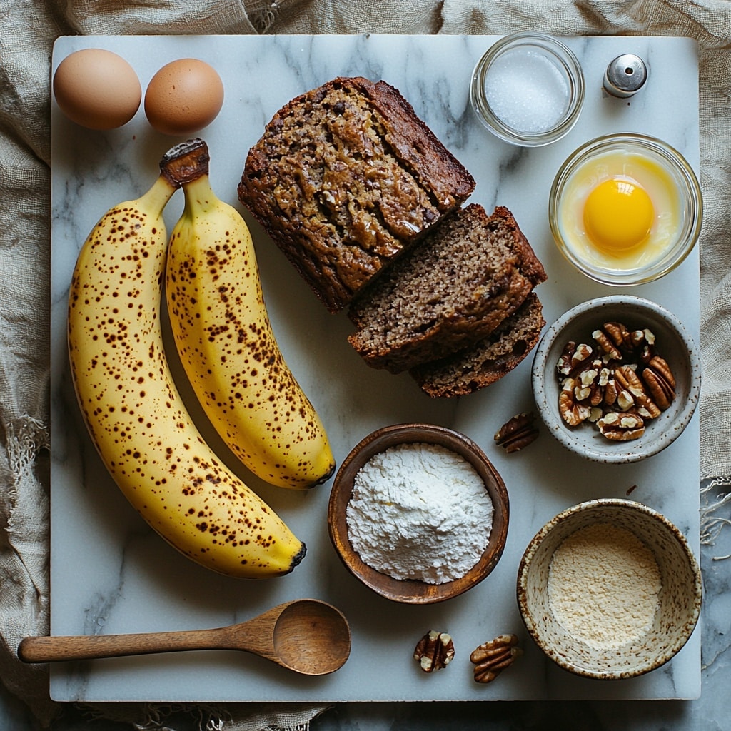Cinnamon Swirl Banana Bread Recipe 4 A clean white marble surface with all the main ingredients for cinnamon swirl banana bread artfully arranged in a balanced flat lay composition: three ripe bananas with vibrant yellow skins and brown speckles, a small glass bowl of melted golden unsalted butter, a rustic ceramic bowl filled with fine white granulated sugar, a single large brown egg resting on a smooth wooden spoon, a small glass jar of clear vanilla extract, a vintage teaspoon holding fine baking soda powder, a tiny heap of white salt crystals on a matte black spoon, a white ceramic bowl heaped with pale all-purpose flour, a small clear glass bowl with warm reddish-brown ground cinnamon, a tiny bowl of packed moist dark brown sugar, and a rustic small bowl filled with chopped nuts and semi-sweet chocolate chips adding texture and contrast. Soft natural daylight highlights the textures and colors, subtle shadows add depth, and a few scattered cinnamon sticks and a vintage linen napkin provide warm styling accents. The overall look is fresh, inviting, and neatly organized with a harmonious color palette of yellows, browns, whites, and warm neutrals. Overhead shot, top down view, flat lay photography, professional food styling --ar 1:1 --q 2 --s 750 --v 6.1